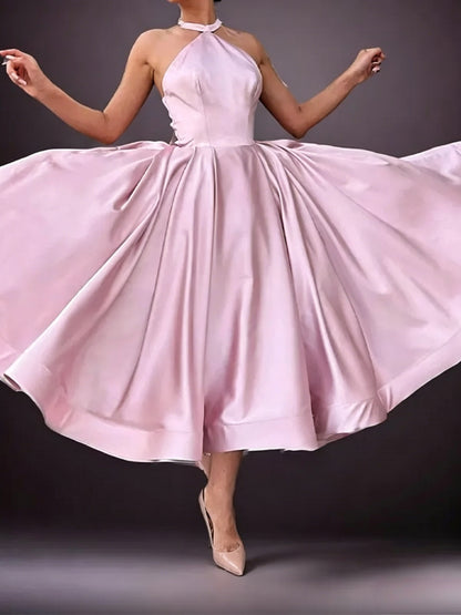 Elegant A-Line Halter Bow-Back Pink Tea-Length Evening Dresses