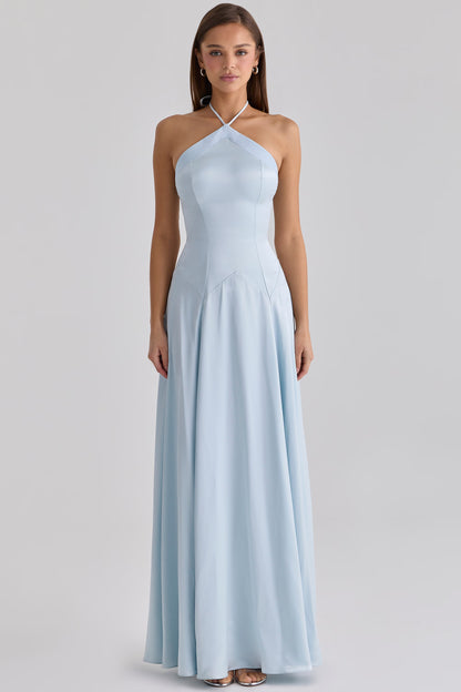 Elegant A-Line Halter Neck Sleeveless Open Back Maxi Light Blue Satin Evening Dresses