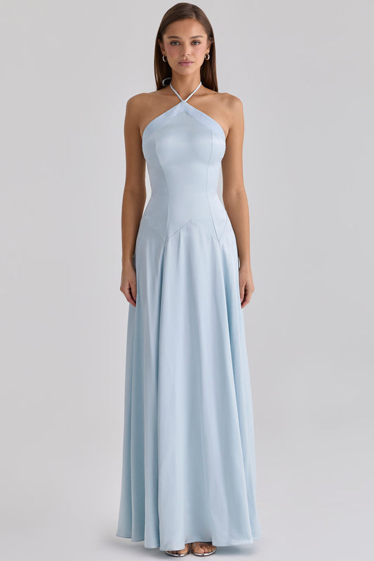 Elegant A-Line Halter Neck Sleeveless Open Back Maxi Light Blue Satin Evening Dresses