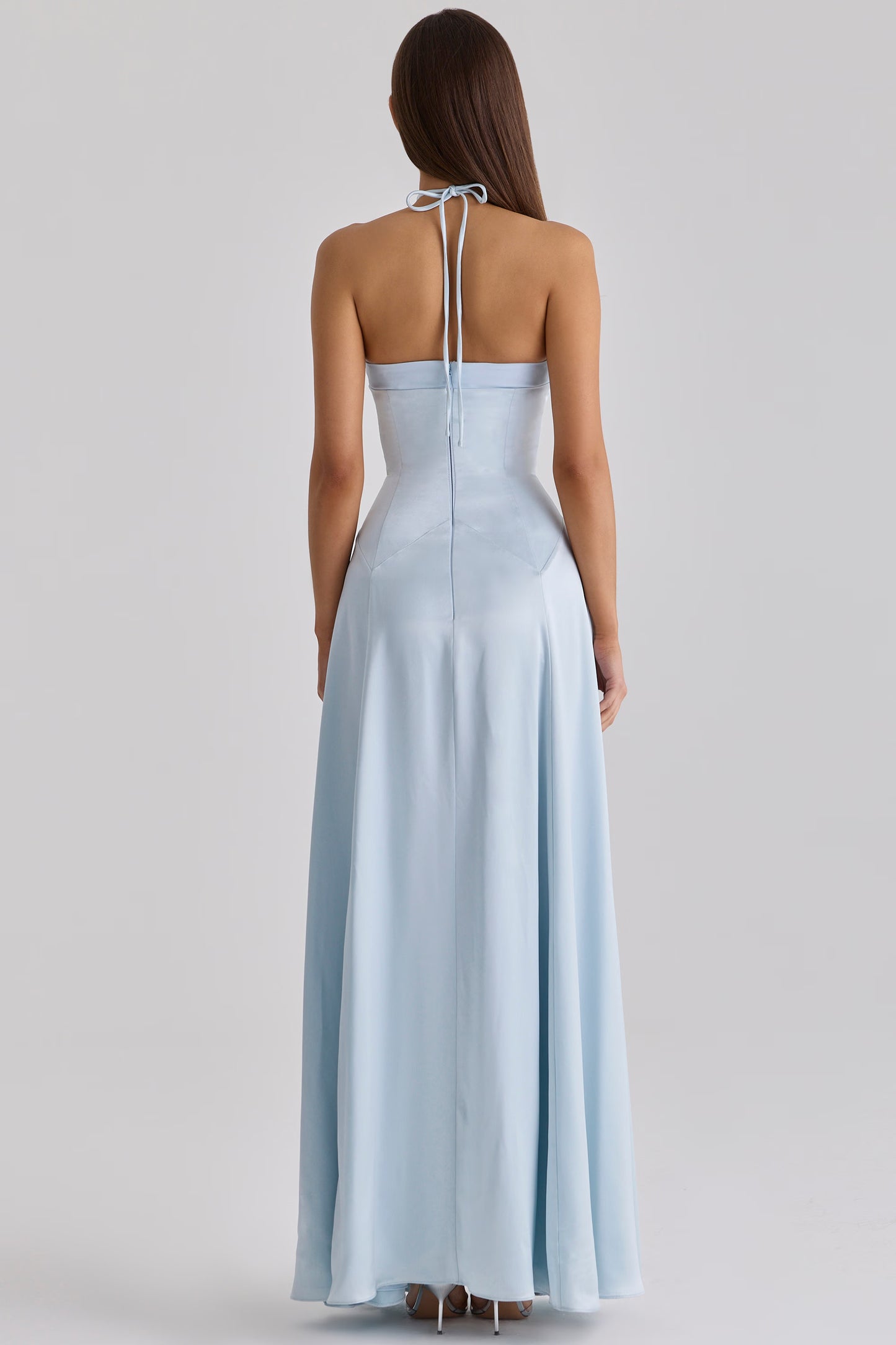 Elegant A-Line Halter Neck Sleeveless Open Back Maxi Light Blue Satin Evening Dresses