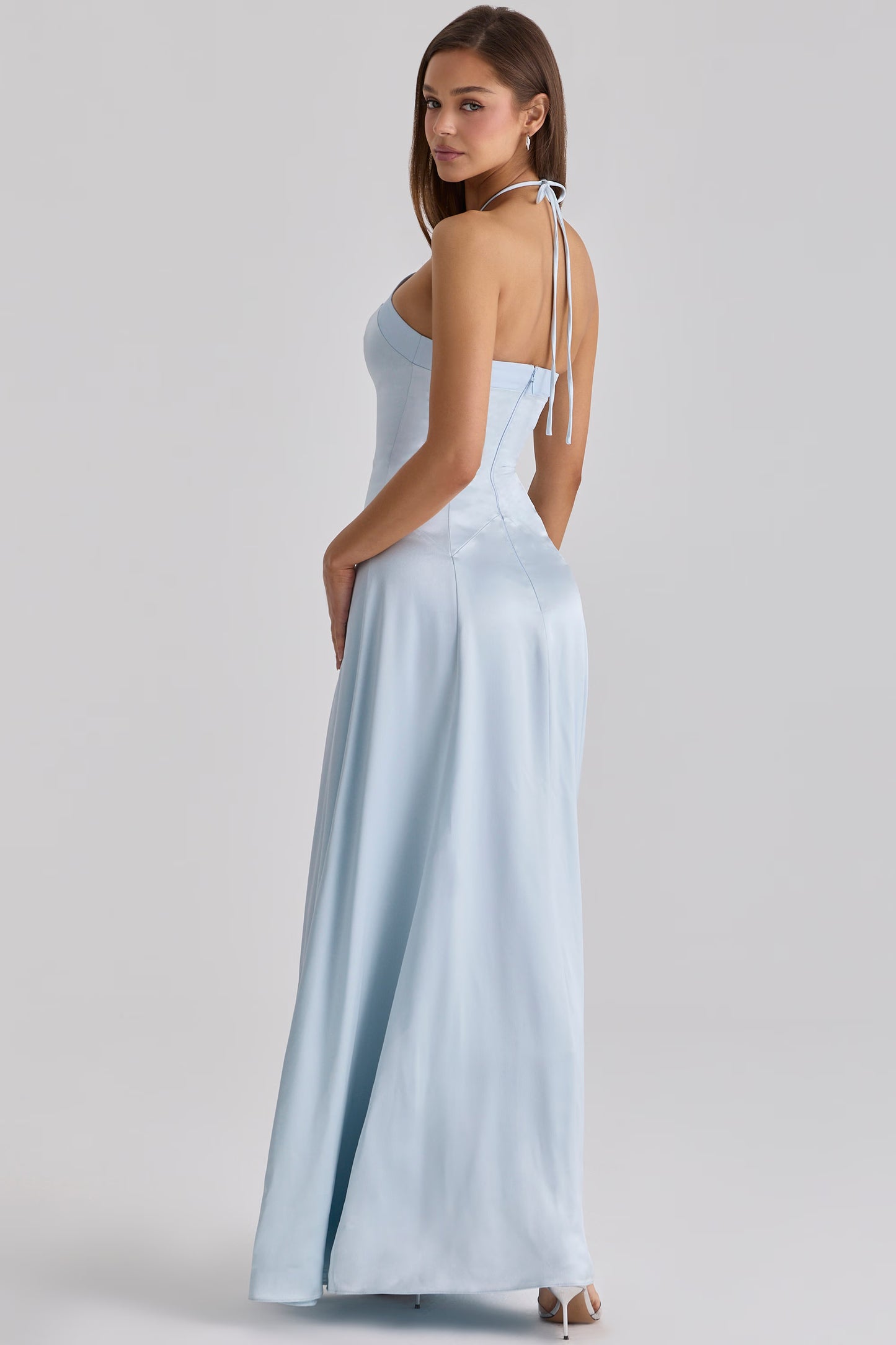 Elegant A-Line Halter Neck Sleeveless Open Back Maxi Light Blue Satin Evening Dresses