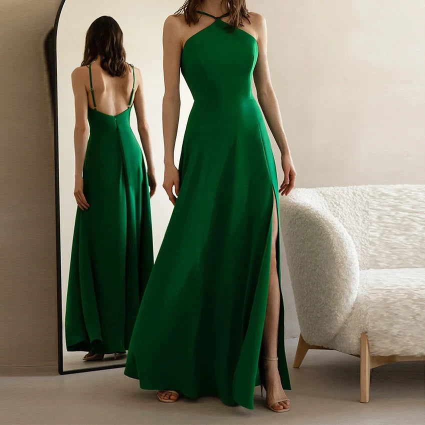 Elegant A-Line Halter Sleeveless Backless Slit Green Long Evening Dresses Women Gown