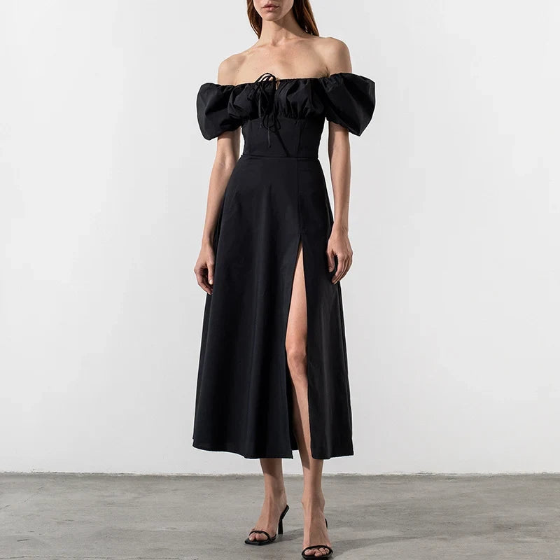 Elegant A-Line Off-Shoulder Puff Sleeve Slit Black Midi Evening Dresses For Women Gown