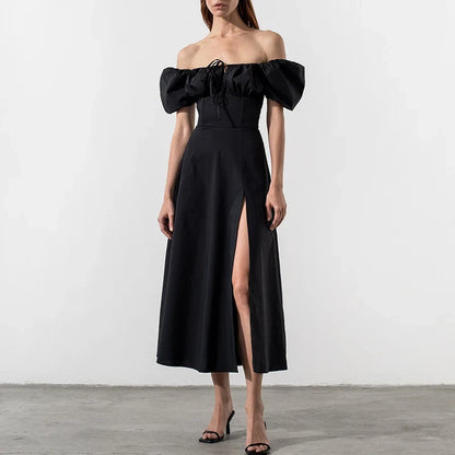 Elegant A-Line Off-Shoulder Puff Sleeve Slit Black Midi Evening Dresses For Women Gown