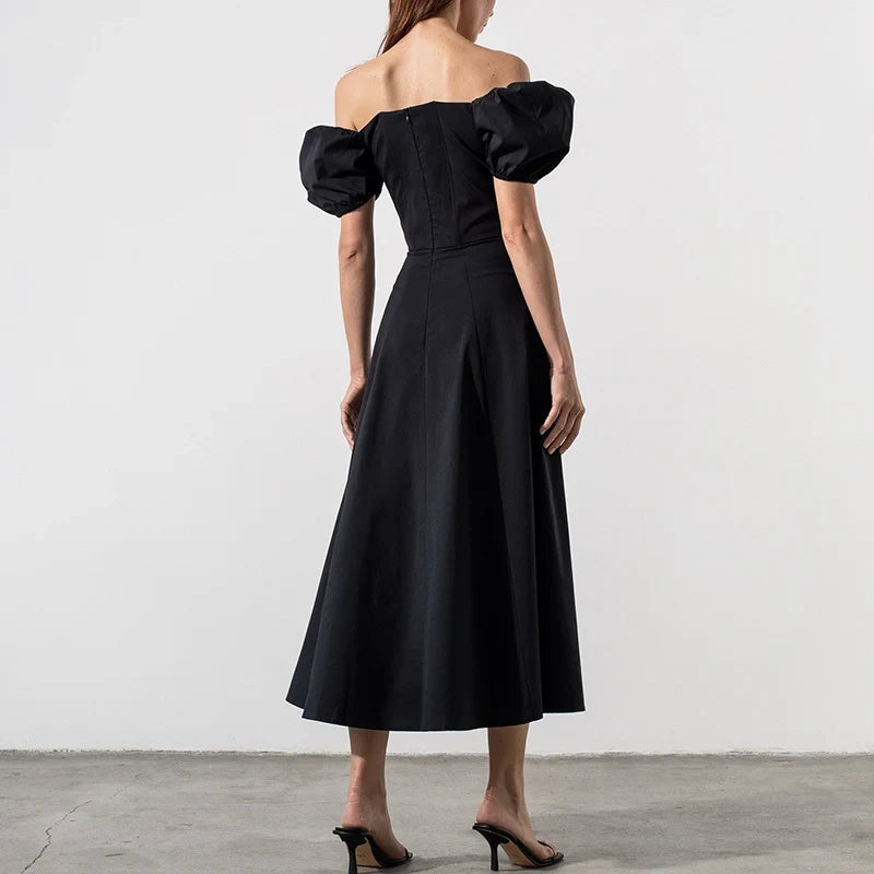 Elegant A-Line Off-Shoulder Puff Sleeve Slit Black Midi Evening Dresses For Women Gown