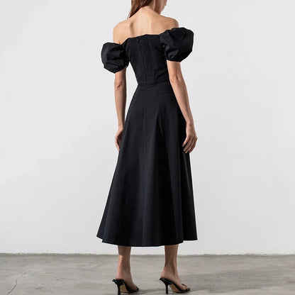 Elegant A-Line Off-Shoulder Puff Sleeve Slit Black Midi Evening Dresses For Women Gown
