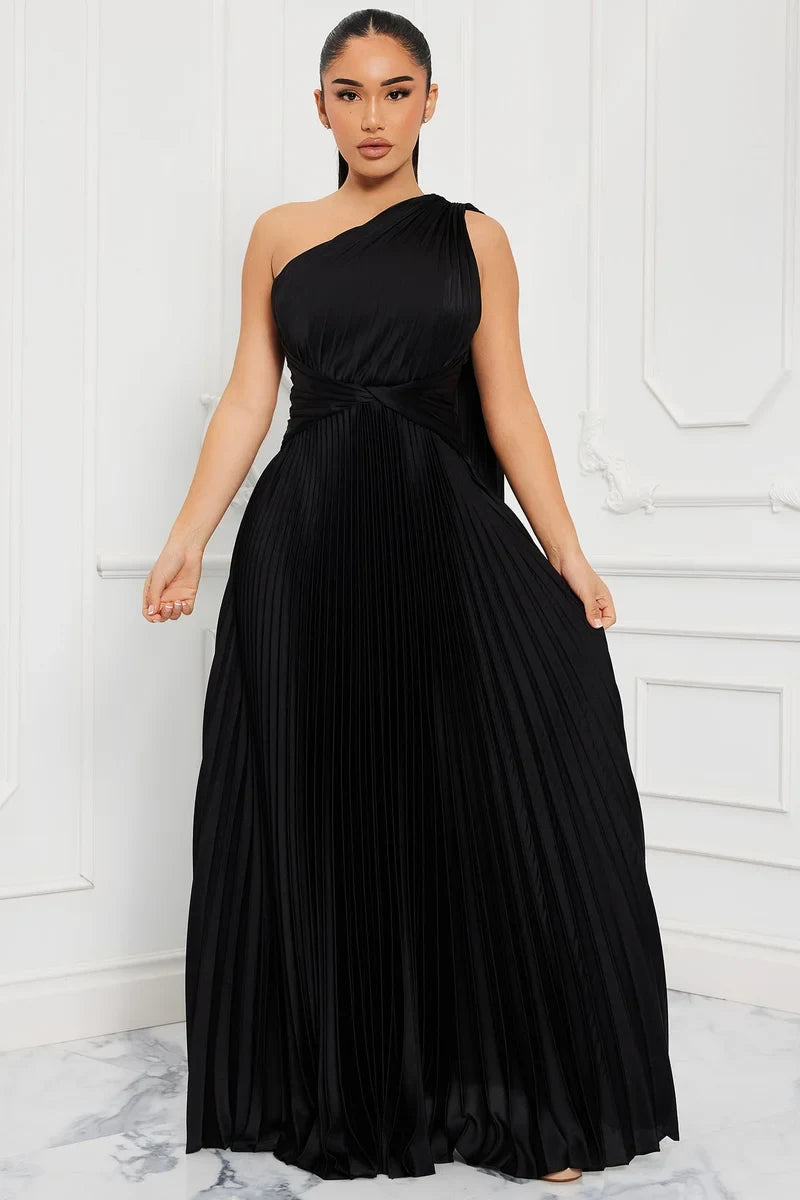 Elegant A-Line One-Shoulder Sleeveless Pleated Draped Black Maxi Evening Dresses Women