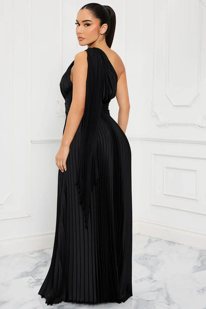 Elegant A-Line One-Shoulder Sleeveless Pleated Draped Black Maxi Evening Dresses Women
