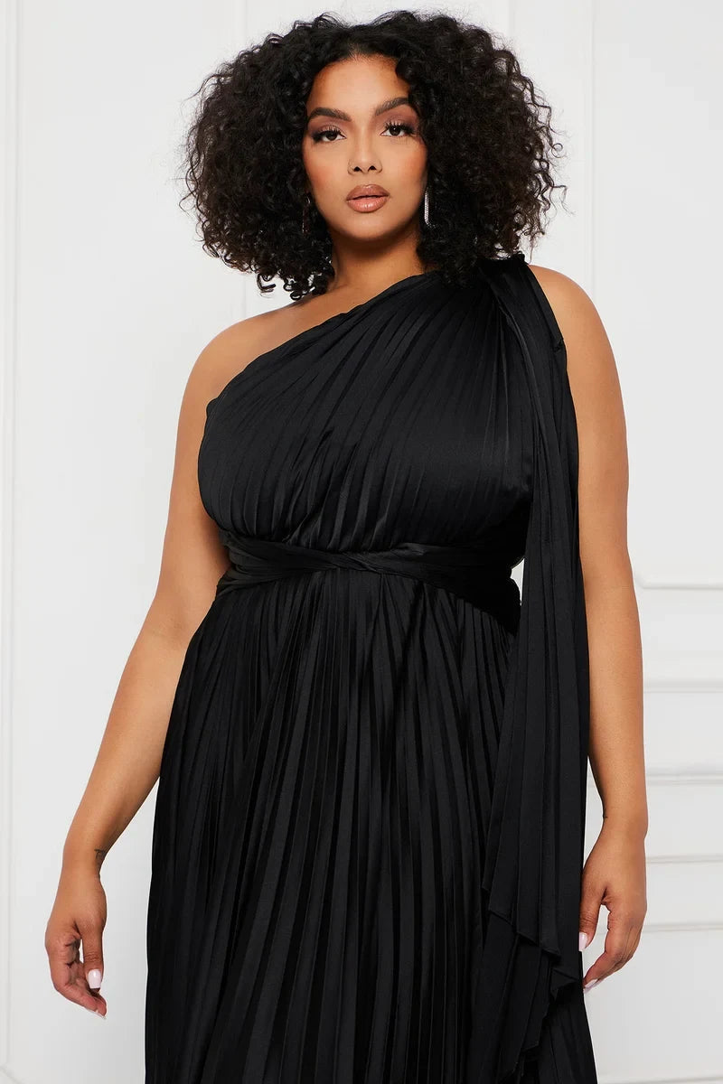 Elegant A-Line One-Shoulder Sleeveless Pleated Draped Black Maxi Evening Dresses Women