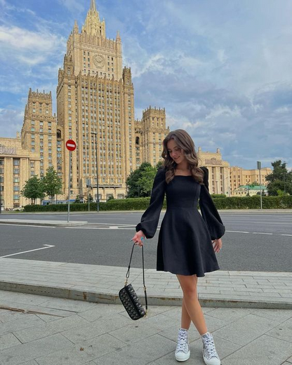Elegant A-Line Square Neck Long Sleeve Puff Black Short Homecoming Dress