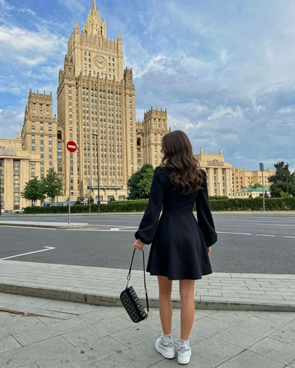 Elegant A-Line Square Neck Long Sleeve Puff Black Short Homecoming Dress