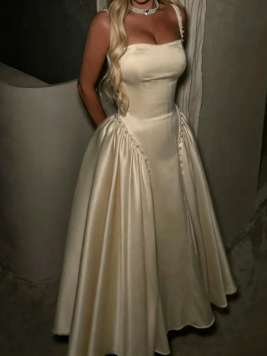 Elegant A-Line Strapless Beaded Pearl Champagne Midi Evening Dresses