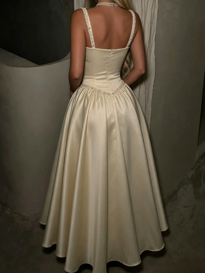 Elegant A-Line Strapless Beaded Pearl Champagne Midi Evening Dresses