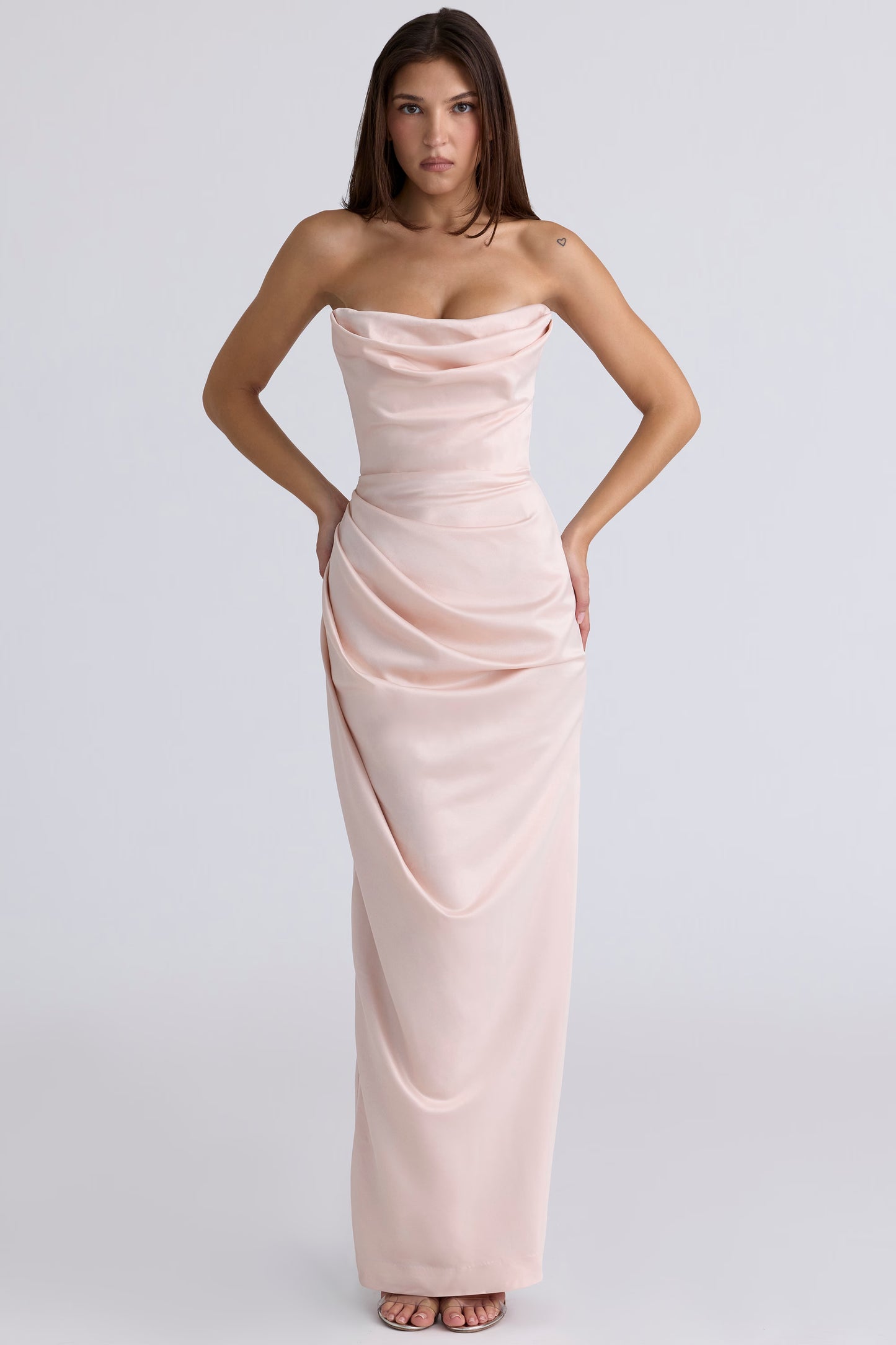Elegant A-Line Strapless Corset Back High Slit Floor-Length Draped Satin Evening Dresses