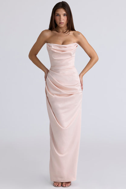 Elegant A-Line Strapless Corset Back High Slit Floor-Length Draped Satin Evening Dresses