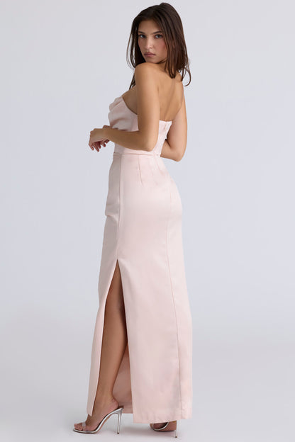 Elegant A-Line Strapless Corset Back High Slit Floor-Length Draped Satin Evening Dresses