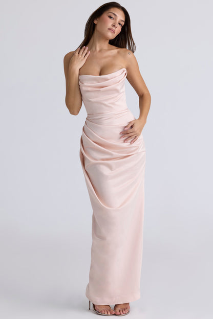 Elegant A-Line Strapless Corset Back High Slit Floor-Length Draped Satin Evening Dresses