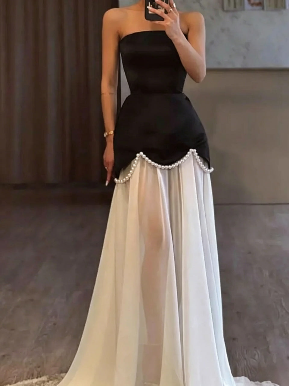 Elegant A-Line Strapless Pearl Embellished Two-Tone Black White Floor-Length Evening Dresses