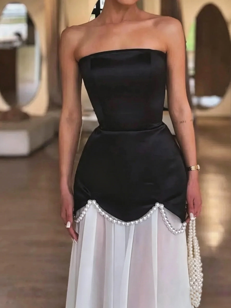 Elegant A-Line Strapless Pearl Embellished Two-Tone Black White Floor-Length Evening Dresses