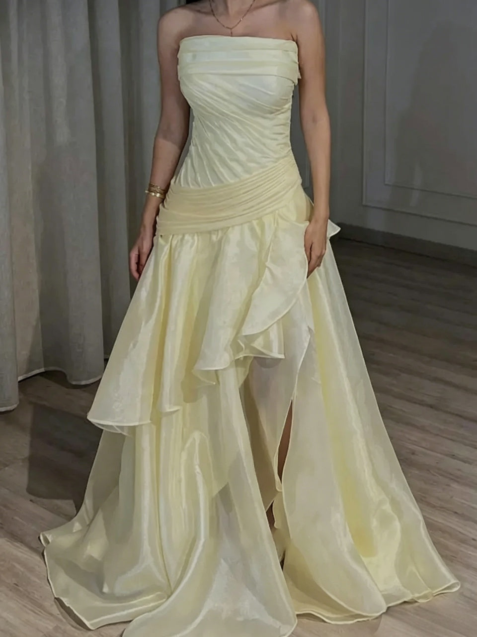 Elegant A-Line Strapless Ruched Waist High Slit Pale Yellow Floor-Length Evening Dresses