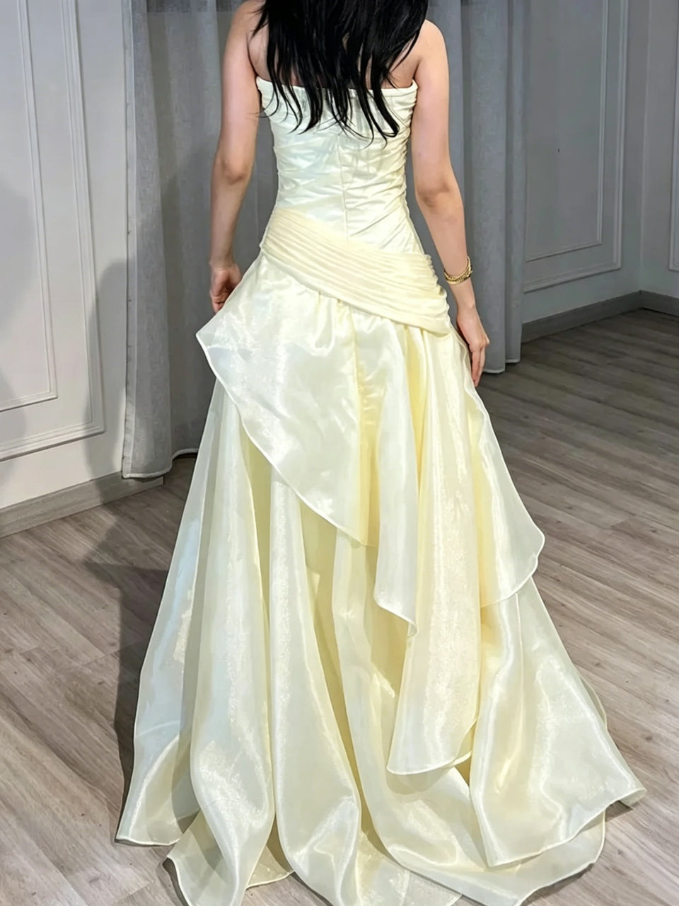 Elegant A-Line Strapless Ruched Waist High Slit Pale Yellow Floor-Length Evening Dresses