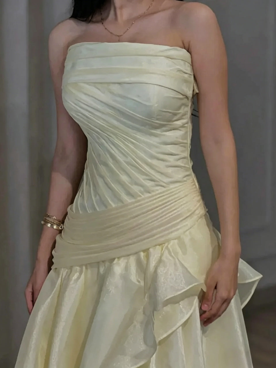 Elegant A-Line Strapless Ruched Waist High Slit Pale Yellow Floor-Length Evening Dresses