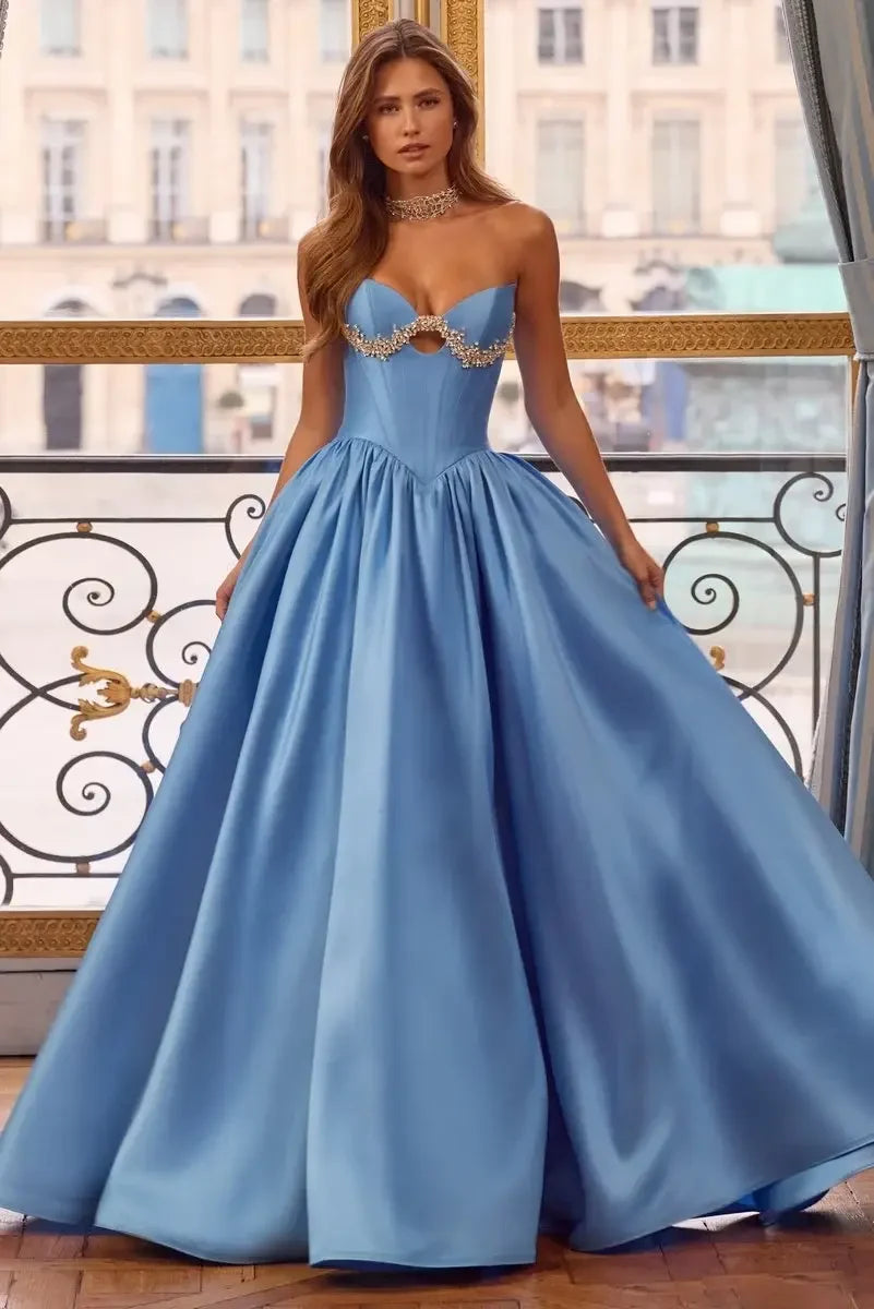 Elegant A-Line Strapless Sleeveless Beaded Cutout Blue Long Prom Dresses Women Gown