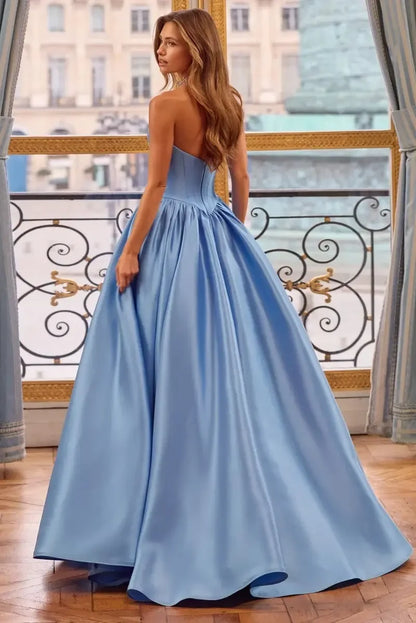 Elegant A-Line Strapless Sleeveless Beaded Cutout Blue Long Prom Dresses Women Gown