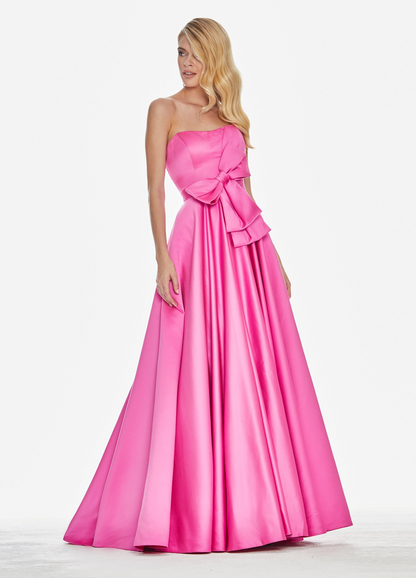 Elegant A-Line Strapless Sleeveless Bow Accent Fuchsia Long Prom Dresses Women