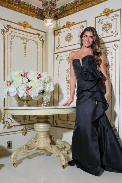 Elegant A-Line Strapless Sleeveless Bow Slit Black Long Prom Dresses Women Gown