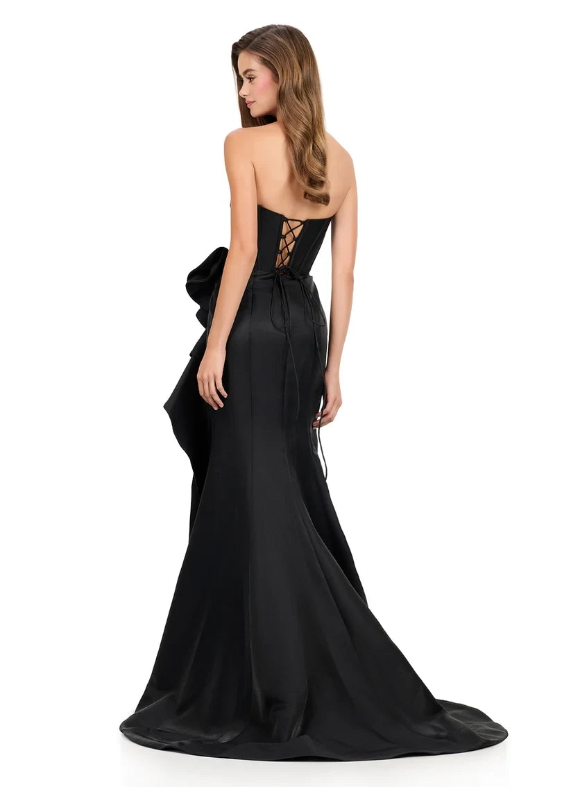 Elegant A-Line Strapless Sleeveless Bow Slit Black Long Prom Dresses Women Gown
