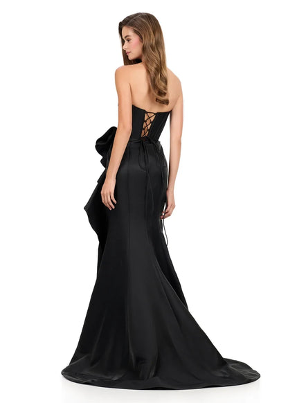 Elegant A-Line Strapless Sleeveless Bow Slit Black Long Prom Dresses Women Gown