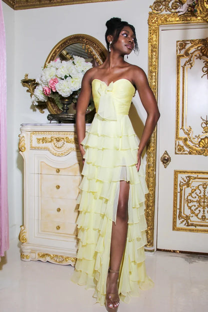 Elegant A-Line Strapless Sleeveless Tiered Slit Yellow Maxi Prom Dresses Gown