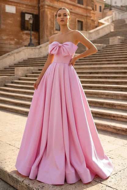 Elegant A-Line Strapless Sweetheart Sleeveless Lace-Up Back Floor-Length Bow Detail Evening Dresses