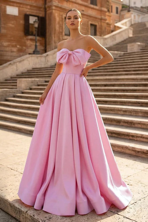 Elegant A-Line Strapless Sweetheart Sleeveless Lace-Up Back Floor-Length Bow Detail Evening Dresses