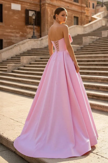 Elegant A-Line Strapless Sweetheart Sleeveless Lace-Up Back Floor-Length Bow Detail Evening Dresses