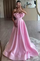 Elegant A-Line Strapless Sweetheart Sleeveless Lace-Up Back Floor-Length Bow Detail Evening Dresses