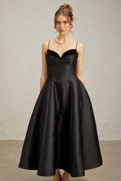 Elegant A-Line Sweetheart Neck Sleeveless Low Back Midi Black Satin Velvet Evening Dresses for Formal Occasions