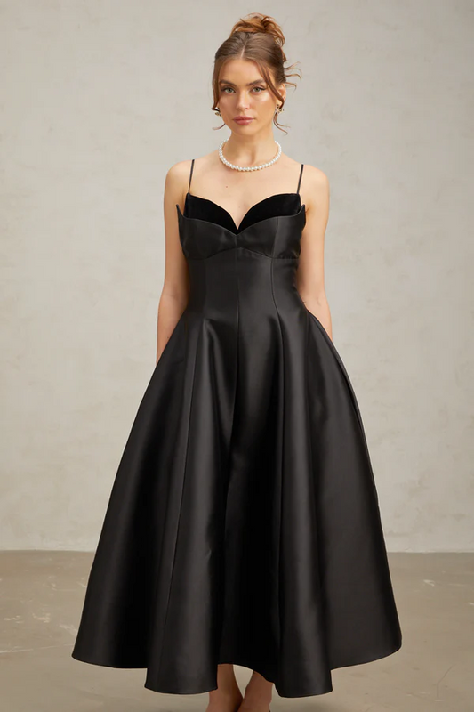 Elegant A-Line Sweetheart Neck Sleeveless Low Back Midi Black Satin Velvet Evening Dresses for Formal Occasions