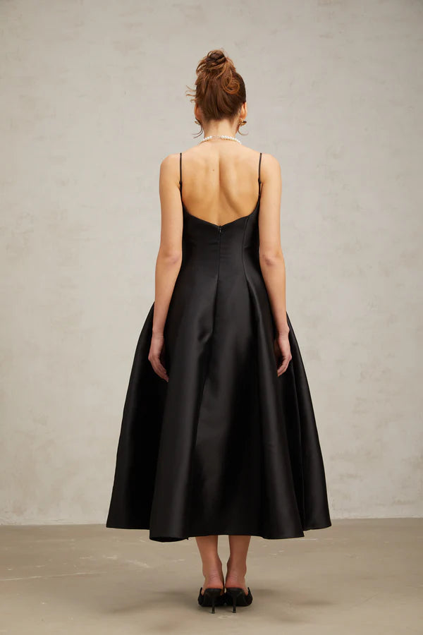 Elegant A-Line Sweetheart Neck Sleeveless Low Back Midi Black Satin Velvet Evening Dresses for Formal Occasions