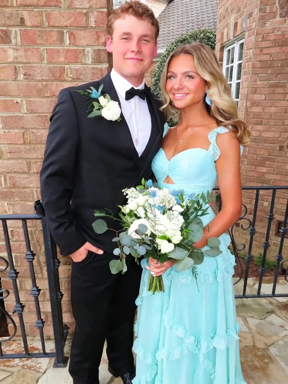 Elegant A-Line Sweetheart Ruffle Straps Tiered Aqua Blue Floor-Length Evening Dresses