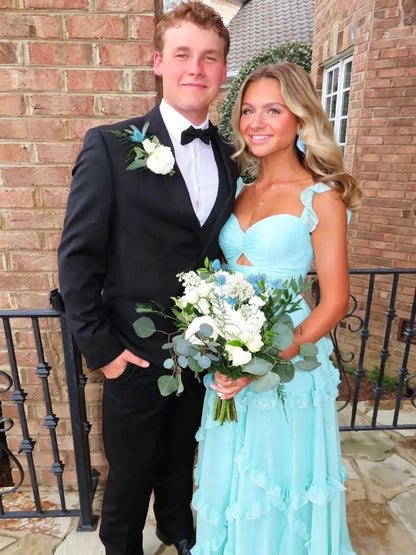 Elegant A-Line Sweetheart Ruffle Straps Tiered Aqua Blue Floor-Length Evening Dresses