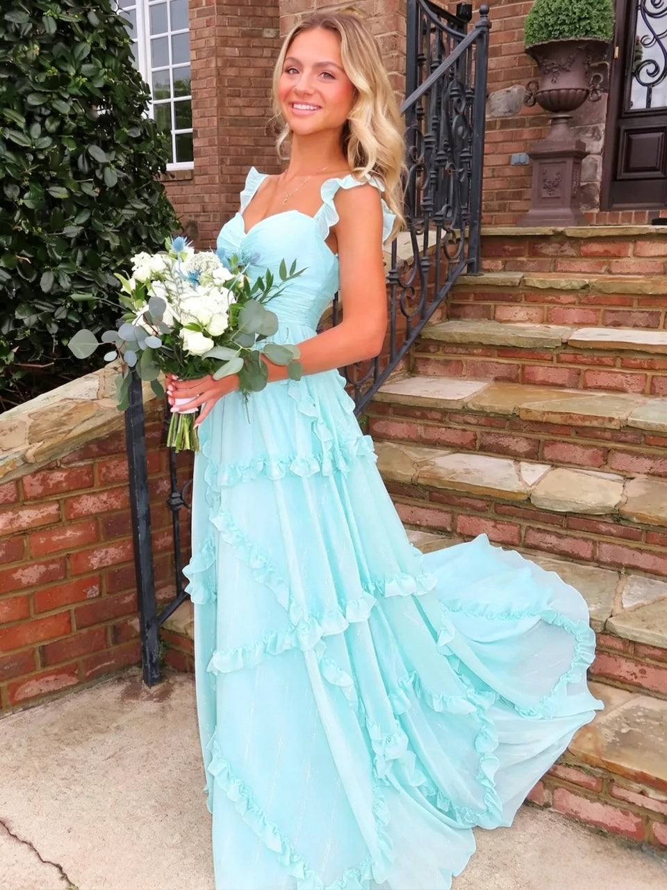 Elegant A-Line Sweetheart Ruffle Straps Tiered Aqua Blue Floor-Length Evening Dresses