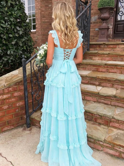 Elegant A-Line Sweetheart Ruffle Straps Tiered Aqua Blue Floor-Length Evening Dresses