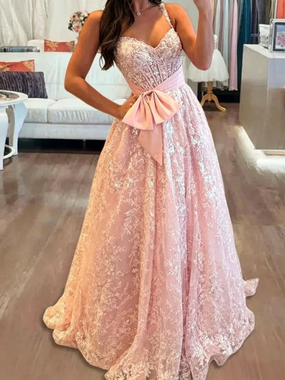 Elegant A-Line Sweetheart Sequin Embellished Bow-Accent Pink Floor-Length Evening Dresses