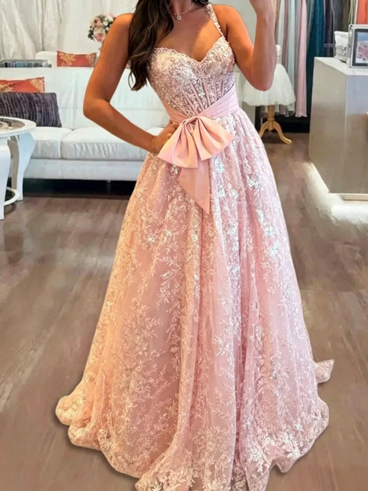 Elegant A-Line Sweetheart Sequin Embellished Bow-Accent Pink Floor-Length Evening Dresses