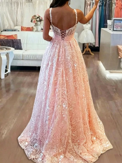Elegant A-Line Sweetheart Sequin Embellished Bow-Accent Pink Floor-Length Evening Dresses