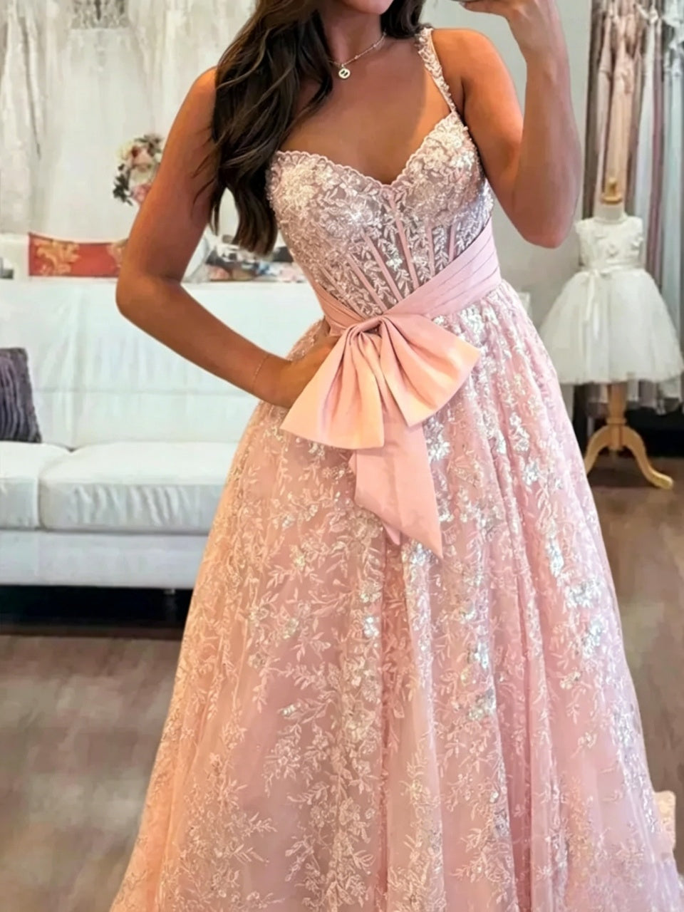 Elegant A-Line Sweetheart Sequin Embellished Bow-Accent Pink Floor-Length Evening Dresses