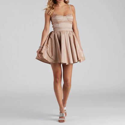 Elegant A-Line Sweetheart Sleeveless Pleated Lace-Up Champagne Mini Evening Dresses Women
