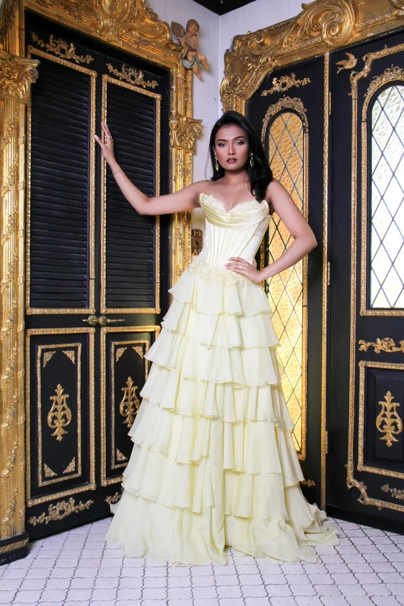 Elegant A-Line Sweetheart Strapless Tiered Slit Yellow Long Prom Dresses Gown